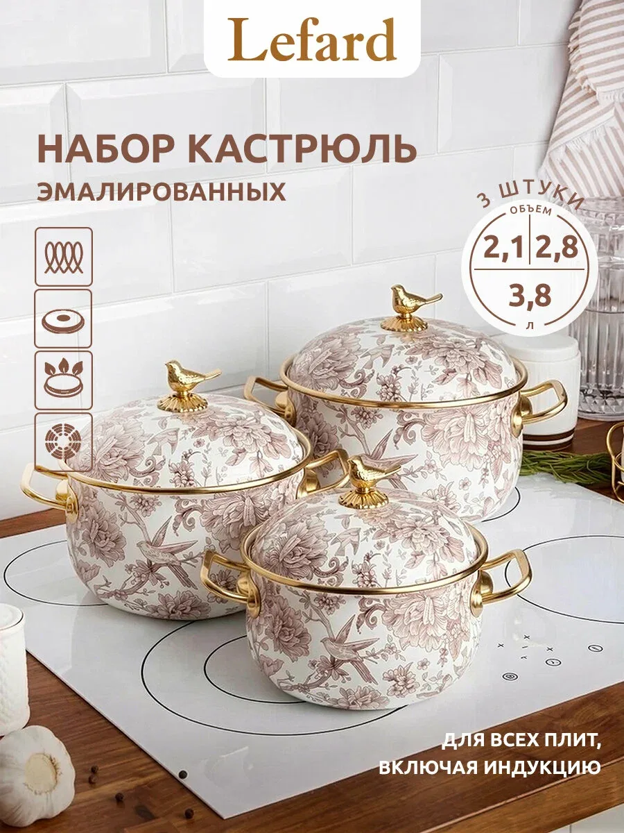 Набор кастрюль из эмалированной стали Lefard "Royal Garden" 2.1 л, 2.8 л, 3.8 л — Lefard, промокод и 500 баллов за отзыв Яндекс Маркет
