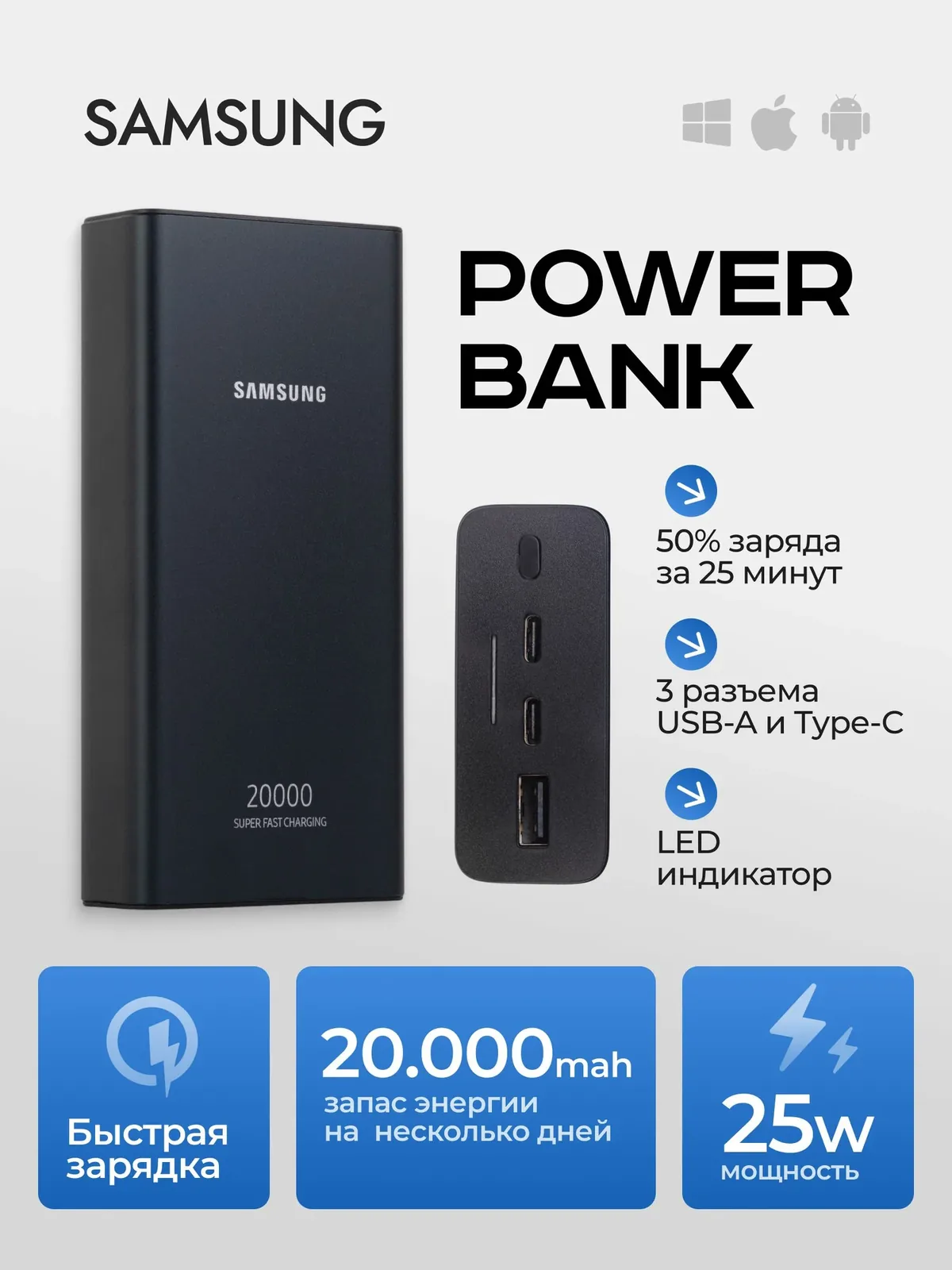 Samsung Внешний аккумулятор EB-P5300, 20000 мАч, 25 Вт, черный — скидка по промокоду Яндекс Маркет