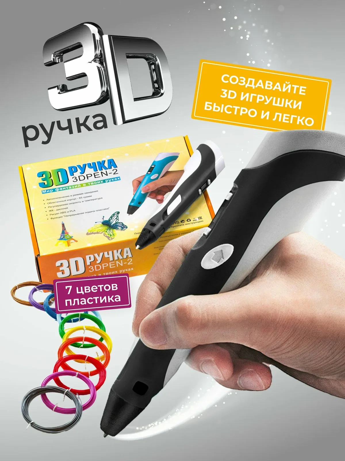 Подарочный набор ребенку 3D ручка 3D ручка 3DPEN-2 с пластиком PLA 70 метров и трафаретами для 3д рисования, черная — скидка по промокоду Яндекс Маркет