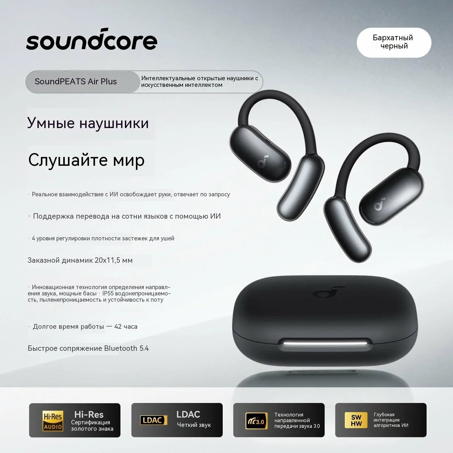 Чёрные открытые беспроводные наушники Soundcore AIR Plus, с креплением на ухо и ИИ-переводом — Soundcore, скидка по промокоду Яндекс Маркет