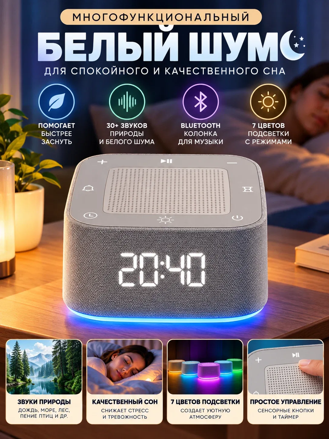 Генератор белого шума, Bluetooth-колонка с часами, 7 цветов подсветки, таймер сна, для спальни — скидка по промокоду Яндекс Маркет