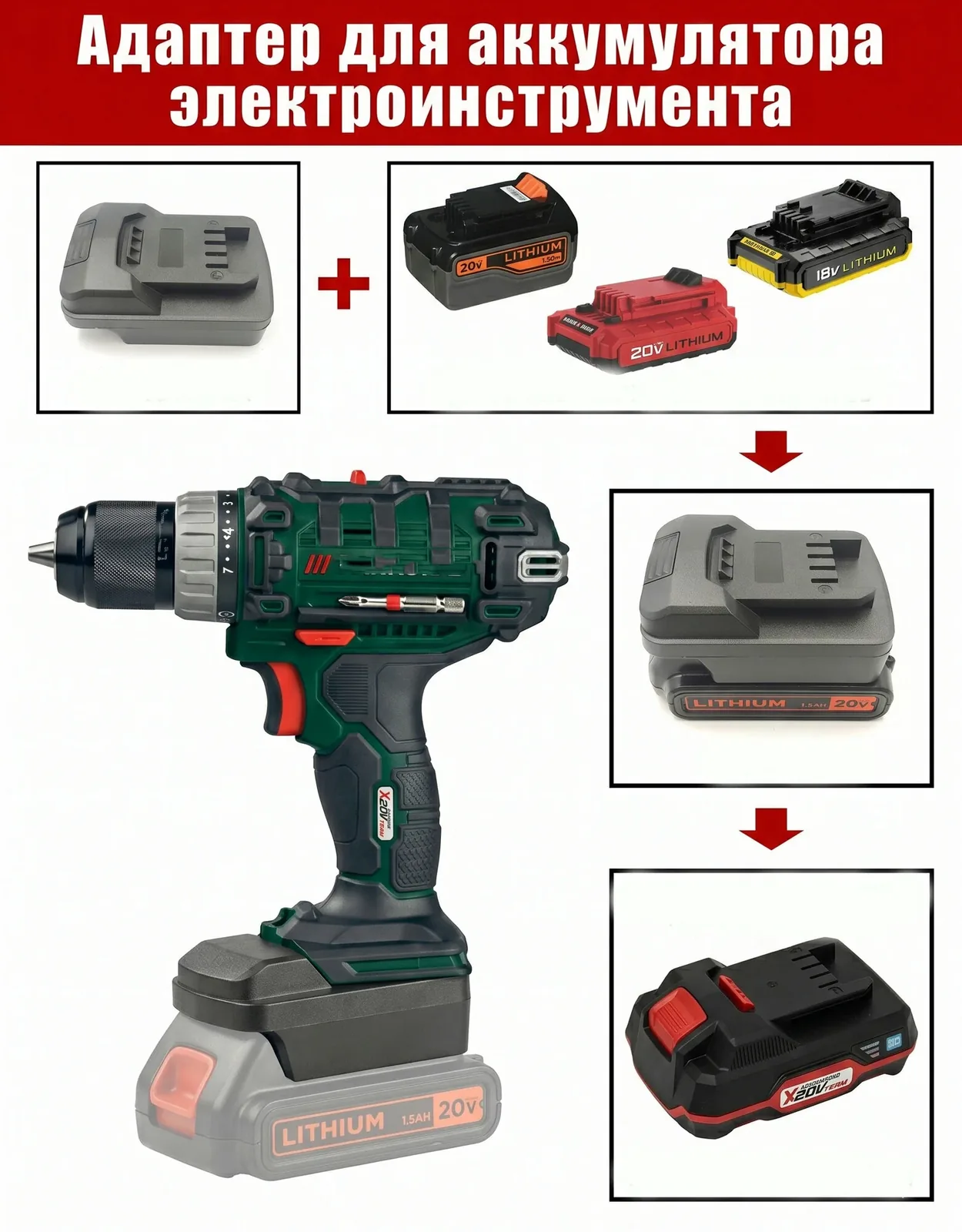 Аккумуляторный адаптер для аккумуляторов Black&Decker / Porter-Cable 18V/20V к инструментам Parkside 20V — скидка по промокоду Яндекс Маркет