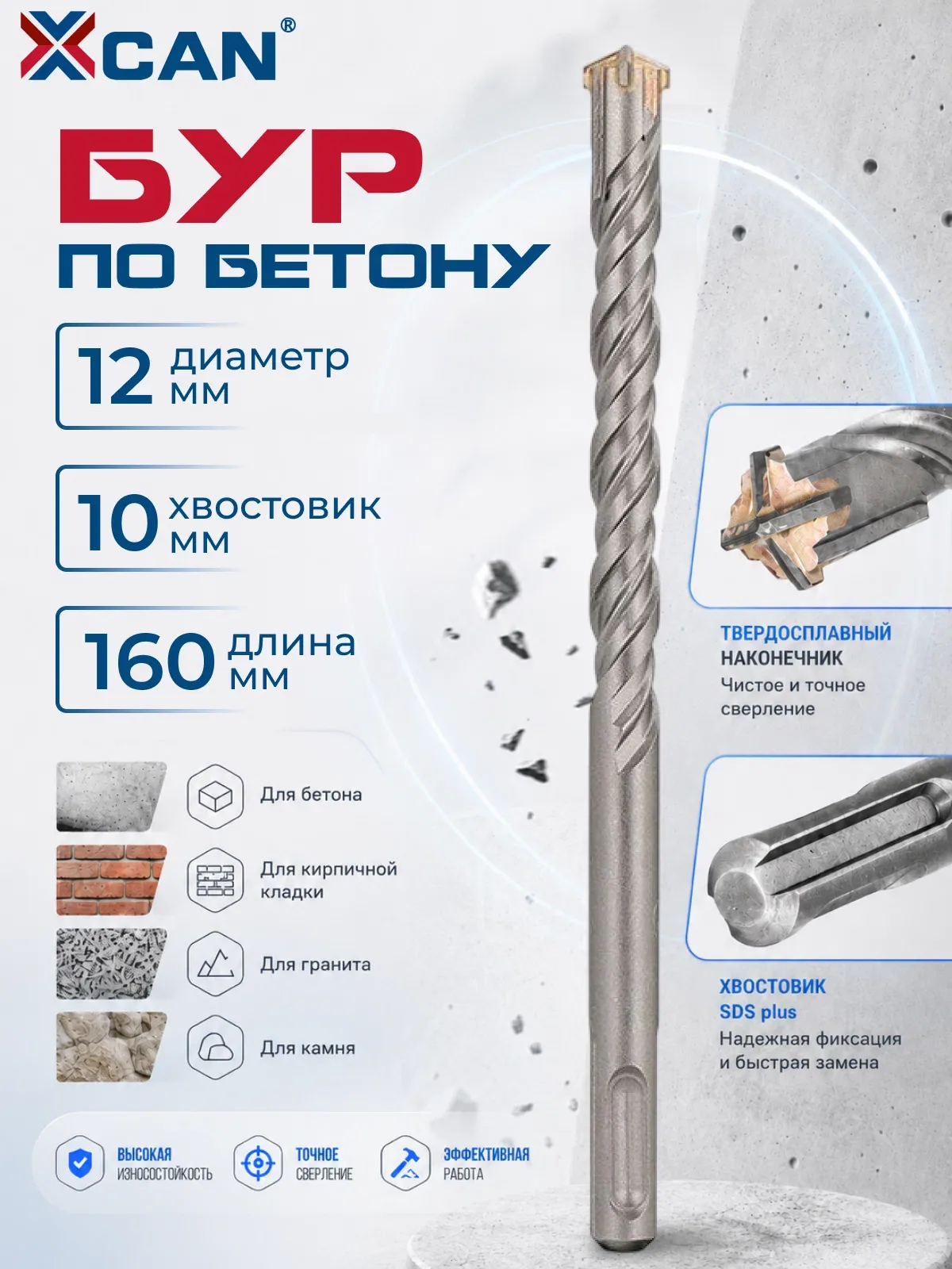 Бур по бетону SDS Plus XCAN 12х160мм, бур для перфоратора SDS-plus, 4-х гранная твердосплавная пластина — XCAN., промокод и 100 баллов за отзыв Яндекс Маркет