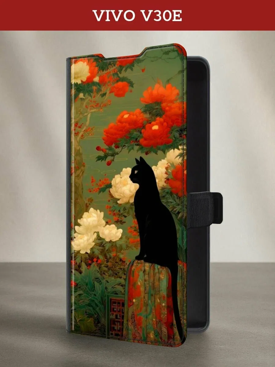 Чехол-книжка на Vivo V30e / Виво В30е с принтом Black cat 2, черный — Case Place, скидка по промокоду Яндекс Маркет