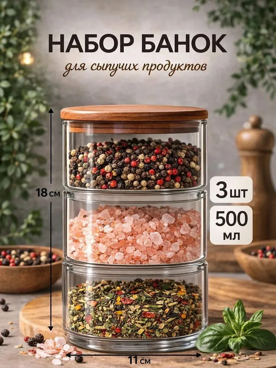 Банки стеклянные для сыпучих продуктов с бамбуковой крышкой BellaTenero «Эко», 500 мл, 11×18 см, 3 шт — BellaTenero, скидка по промокоду Яндекс Маркет