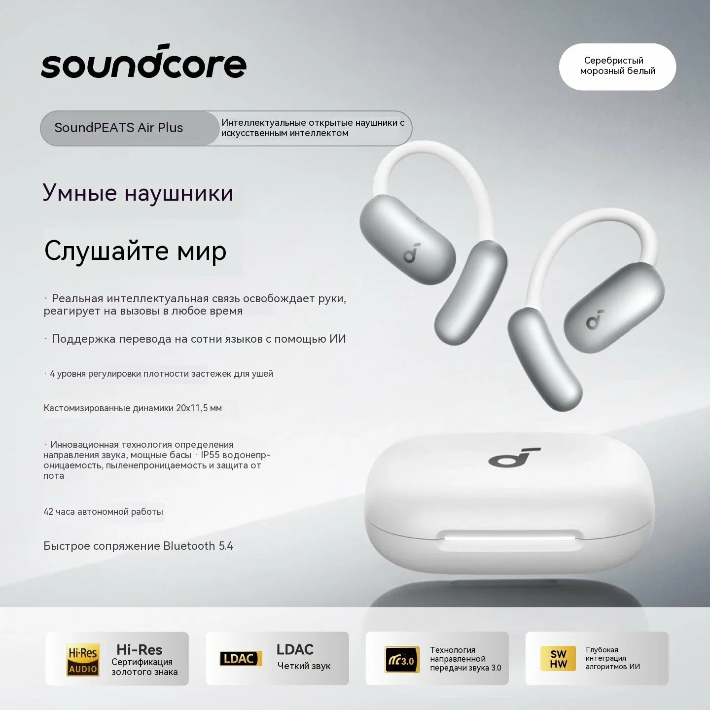 Белые открытые беспроводные наушники Soundcore AIR Plus, с креплением на ухо и ИИ-переводом — Soundcore, скидка по промокоду Яндекс Маркет