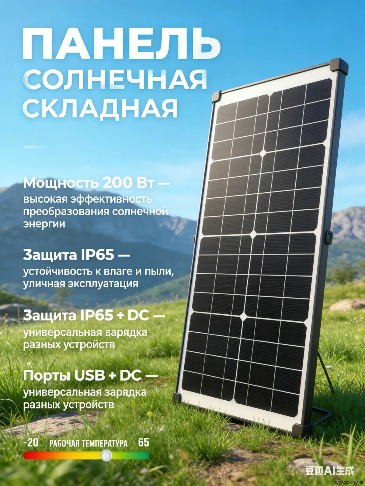 Солнечная панель 200Вт IP65 USB+DC — скидка по промокоду Яндекс Маркет