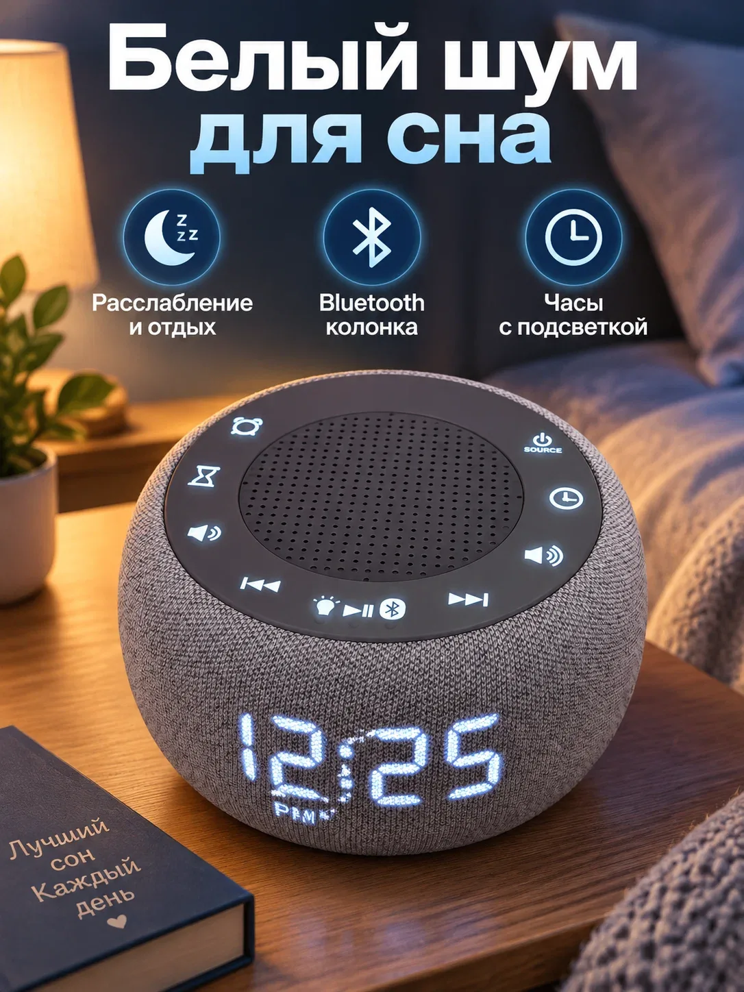 Генератор белого шума, Bluetooth-колонка 5.3, 3 Вт, таймер сна, звуки природы, USB-зарядка, для спальни — скидка по промокоду Яндекс Маркет