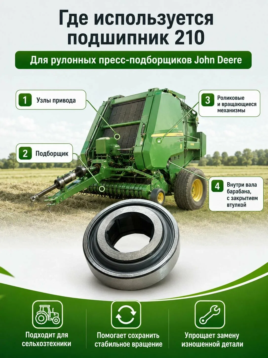 Подшипник 210 (210KRRB6, улучшенная версия 210KRRB2) с шестигранным отверстием для рулонного пресс-подборщика John Deere, шестигранный подшипник на вал, для привода, подборщика и роликовых узлов — скидка по промокоду Яндекс Маркет