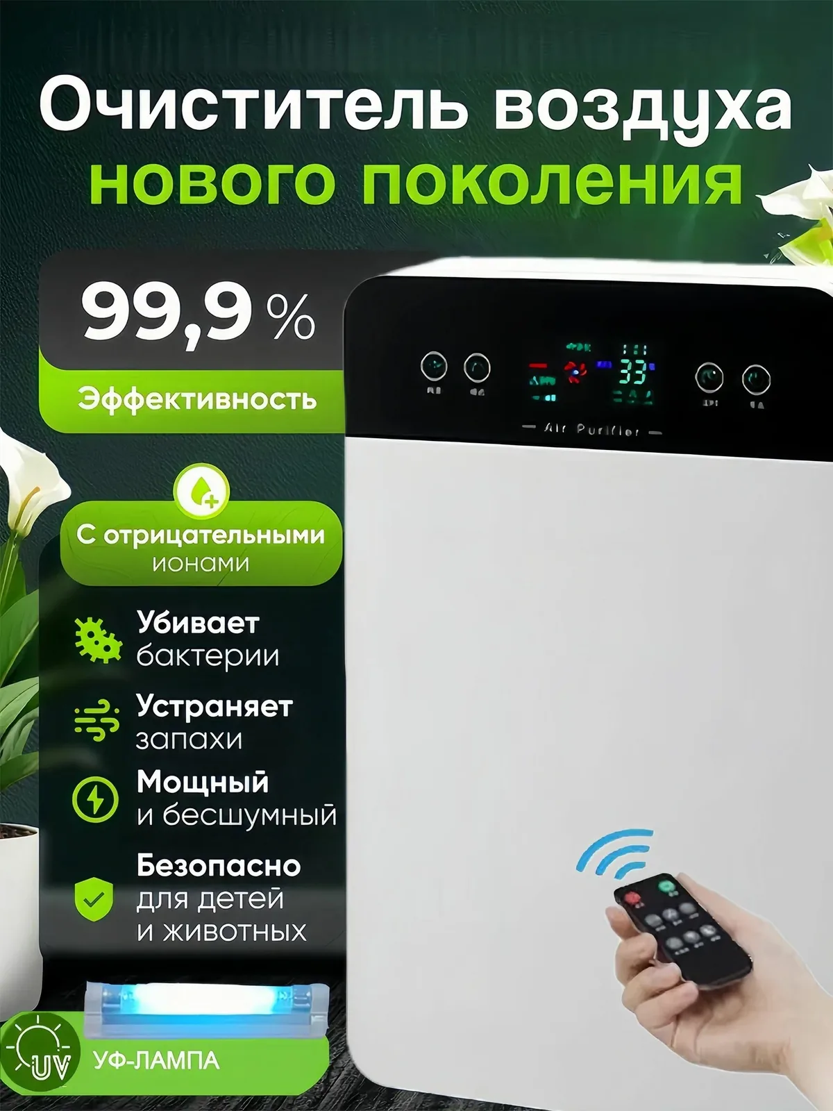 Очиститель воздуха для дома / Ионизатор от пыли / UV-очистка и ионизация/ HEPA фильтр с таймером Тихий режим, Удаляет шерсть, запахи и аллергены — скидка по промокоду Яндекс Маркет