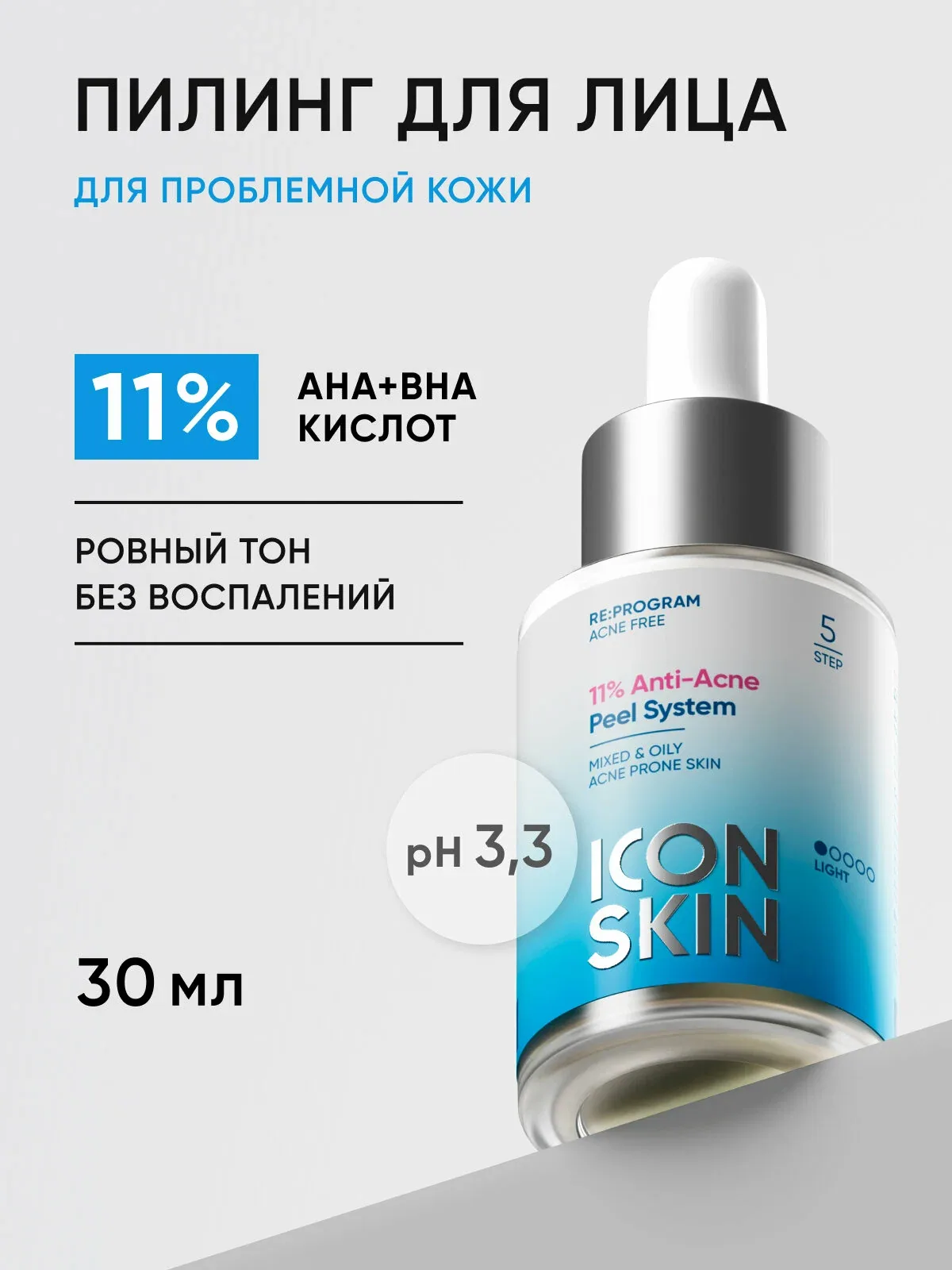 Пилинг для лица 11% Anti-Acne Smart Peel System для проблемной кожи склонной к акне ICON SKIN, 30 мл — Icon Skin, скидка по промокоду Яндекс Маркет