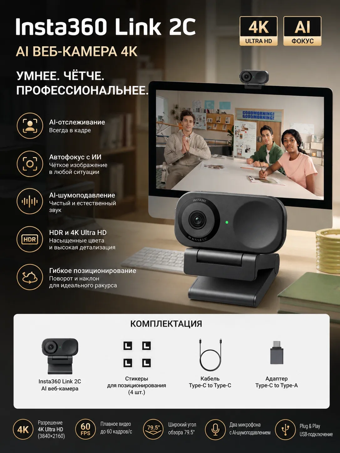 Insta360 Link 2C 4K AI веб-камера для ПК и Mac, автофокус, шумоподавление, HDR, USB-C, для стримов и видеозвонков — Insta360, скидка по промокоду Яндекс Маркет